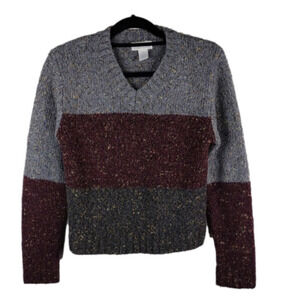 Mainframe Gray Burgundy Color Block V-Neck Long Sleeve Pullover Short Sweater